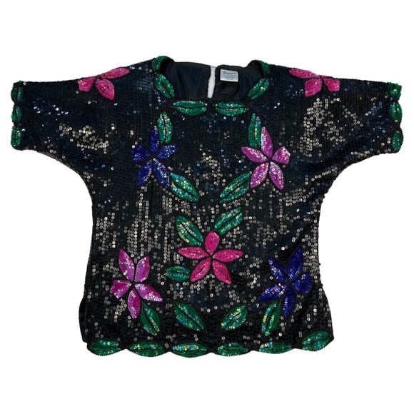 Vintage Sequin and Beaded Top, Black sequin with Hot Pink Flowers, Kelly Green - Picture 7 of 10